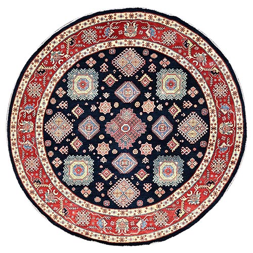 Anchors Aweigh Blue with Upsdell Red,  Natural Dyes, Densely Woven, Pure Wool, Special Kazak All Over Geometric Design, Hand Knotted Round Oriental 