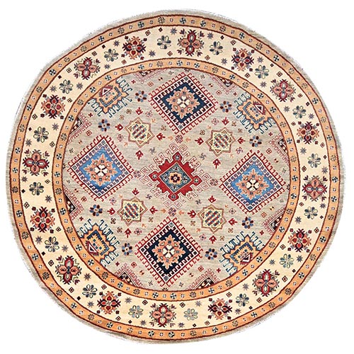 Bamboo Brown With Dutch White, Special Kazak Geometric Design, Pure Wool, Hand Knotted, Vegetable Dyes Oriental 