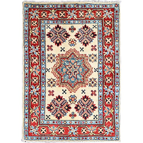 Acadia White, Special Kazak With All Over Design, Dense Weave With Shiny Wool, Hand Knotted Natural Dyes, Oriental Mat 