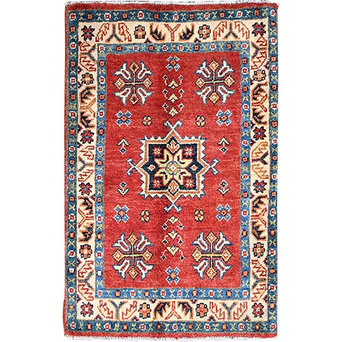 Stop Red, Special Kazak with Medallion Design, Natural Dyes, Extra Soft Wool Hand Knotted Soft to Touch pile, Mat Oriental Rug 