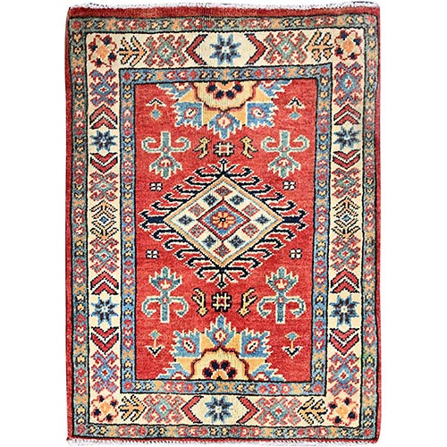 Habanero Red, Denser Weave Special Kazak Geometric Design, Vegetable Dyes and Natural Wool, Hand Knotted Mat Oriental 