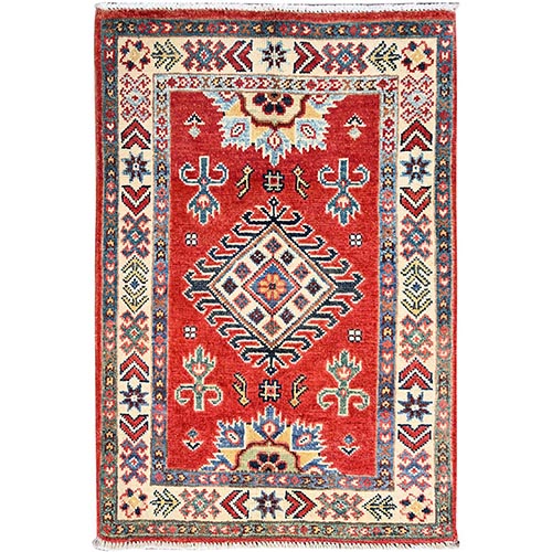 Goji Berry Red, 100% Wool, Vegetable Dyes, Special Kazak with Large Medallion, Hand Knotted, Oriental Mat 