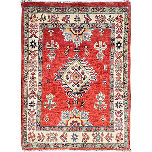 Lattice Red, Hand Knotted Afghan Special Kazak, Geometric Design, Natural Dyes Densely Woven, Pure Wool, Mat Oriental 