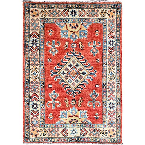 Scarlet Red, Vegetable Dyes, Special Kazak with Geometric Medallions, Soft and Velvet Wool, Hand Knotted Mat Oriental 