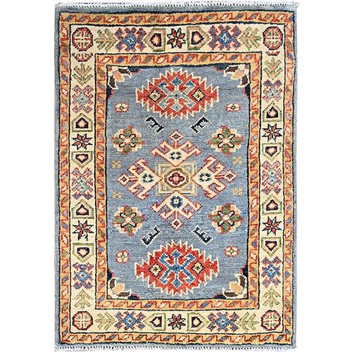Krypton Gray with Ivory Border, Afghan Special Kazak with Triple Medallion Design, Hand Knotted Densely Woven Natural Dye Oriental Organic Wool Square 