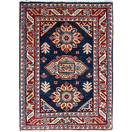 Millenium Blue, Shiny Wool with Vegetable Dyes, Special Kazak and Geometric Elements, Hand Knotted Densely Woven Mat Oriental 