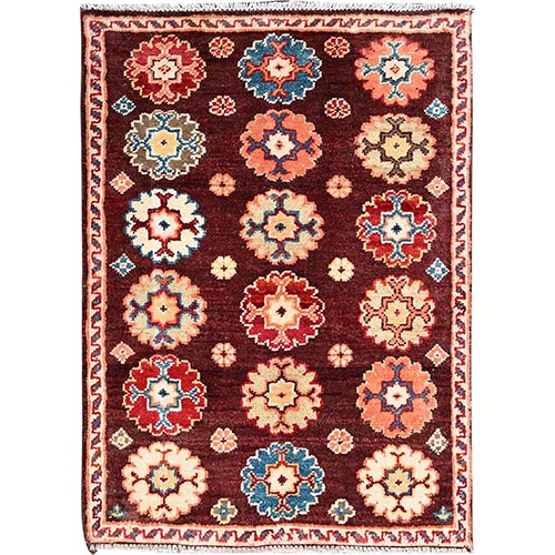 Cordovan Brown, Special Kazak with Colorful Floral Motifs, Natural Dyes, Vibrant Wool, Hand Knotted, Mat Oriental 