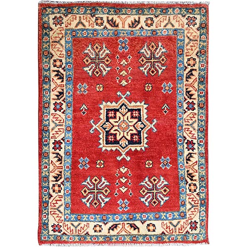 Smouldering Red and Linen White, 100% Wool with Natural Dyes, Hand Knotted Dense Wear, Special Kazak Medallion Design, Oriental Mat 