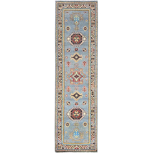 Barely Blue, Special Kazak with All Over pattern Natural Dyes, Organic Wool Hand Knotted, Oriental Wide Runner Dense Weave 