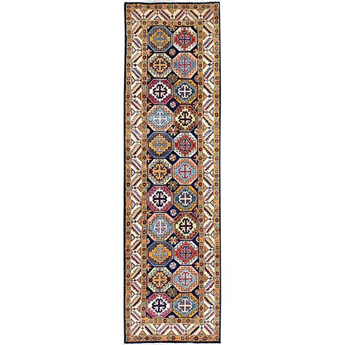 Sailor Blue With Cloud White, Afghan Special Kazak All Over Colorful Medallions, Hand Knotted Soft and Vibrant Wool, Dense Weave and Vegetable Dyes Oriental Wide Runner Rug 