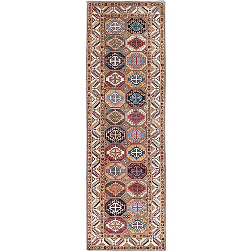 Laurel Oak Gray, Hand Knotted Densely Woven Special Kazak With All Over Colorful Geometric Motifs, Pure Wool, Vegetable Dyes, Wide Runner Oriental 
