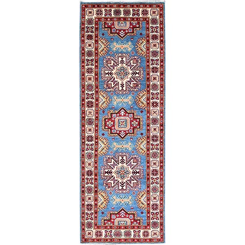 Fjord Blue, Hand Knotted, Densely Woven Special Kazak with Tribal Medallion Design, Natural Dyes, Soft Wool, Wide Runner Oriental 