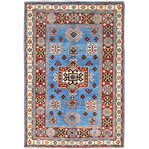 Crystal Seas Blue, Natural Dyes, Hand Knotted, Afghan Special Kazak with Tribal Medallion Design, Soft and Velvet Wool, Oriental 