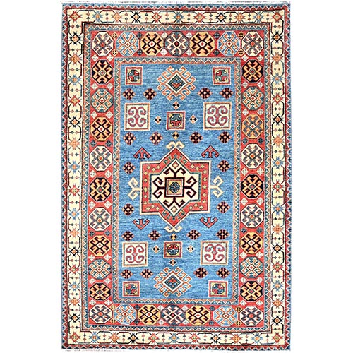 Tufts Blue, Vegetable Dyes, 100% Wool, Afghan Special Kazak with Geometrical Medallions, Hand Knotted, Oriental 