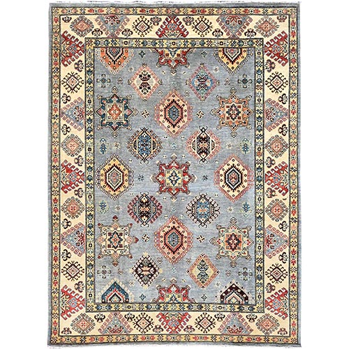 Harbor Mist Gray and Byrd Beige, Pure Wool Hand Knotted, Dense Weave Natural Dyes Afghan Special Kazak with All Over Motifs, Oriental 