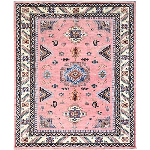 Mauvelous Pink, Afghan Super Kazak With Geometric Medallions, Pure Dyes, Densely Woven, Natural Wool, Hand Knotted, Oriental 