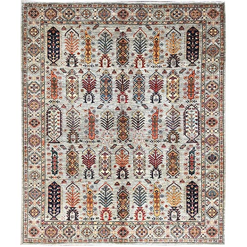 Puritan Gray, Shiny and Soft Wool, Hand Knotted, Afghan Super Kazak with Geometric Repetitive Tree Design, Densely Woven, Natural Dyes, Oriental 