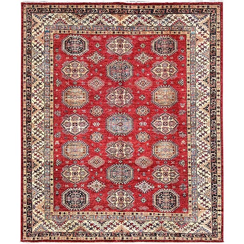 Virgin Lust Red, Hand Knotted, Vegetable Dyes, Organic Wool, Densely Woven, Afghan Super Kazak with Geometric Elements, Oriental 