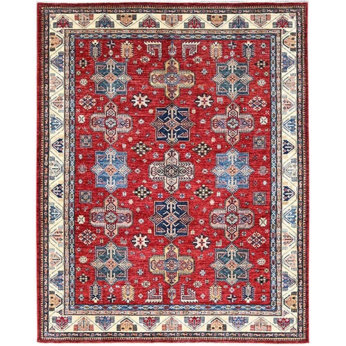 Toreador Red, Soft and Shiny Wool, Hand Knotted Afghan Super Kazak with Tribal Medallions Design, Natural Dyes, Oriental 