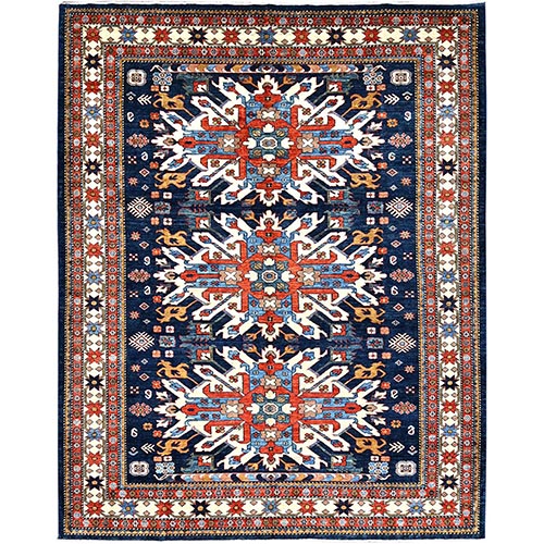 Sailor Blue, Hand Knotted, Afghan Eagle Kazak with Geometric Medallion Design, Natural Dyes, Super Fine Wool and Weave, Oriental 