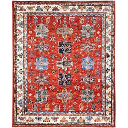 Valiant Poppy Red, Densely Woven Extra Soft Wool, Hand Knotted Afghan Super Kazak with Tribal Medallions, Natural Dyes, Oriental 