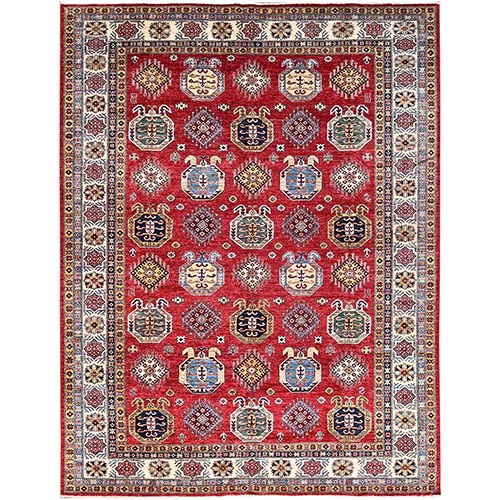 Volcanic Red, Natural Afghan Wool Hand Knotted Super Kazak with Geometric Design Densely Woven Vegetable Dyes Oriental 