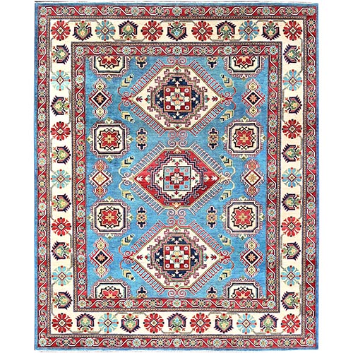 Vivid Sky Blue, Dense Weave Kazak with Geometric Motifs Natural Dyes, Extra Soft Wool Hand Knotted, Oriental Rug 