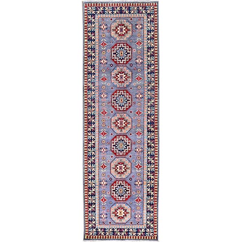 Arctic Dusk Purple, 100% Wool Kazak with Geometric Motifs Vegetable Dyes, Hand Knotted Densely Woven Runner, Oriental Rug 
