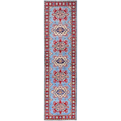 Intel Blue, Hand Knotted Natural Dyes, Pure Wool Densely Woven, Kazak With Motifs Oriental Runner 