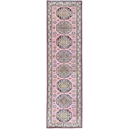 Mary's Rose Pink with Ivory Border, Kazak Geometric Medallions Hand Knotted, Vegetable Dyes and Dense Weave, Runner Natural Wool Oriental 