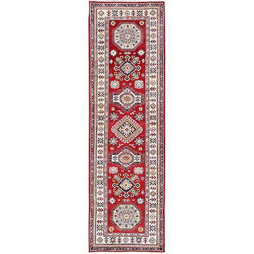 Goji Berry Red With Huntington White, Soft Wool Hand Knotted Dense Weave, Kazak with Geometric Pattern Runner Oriental Rug  