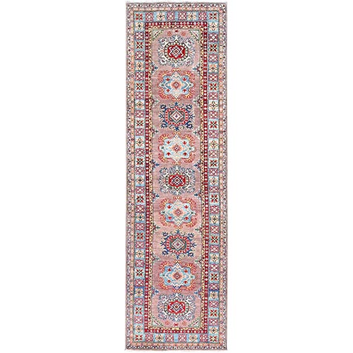Silver Pink Gray, Natural Dyes, Hand Knotted Densely Woven, Kazak with Geometric Pattern, Oriental Extra Soft Wool Runner 