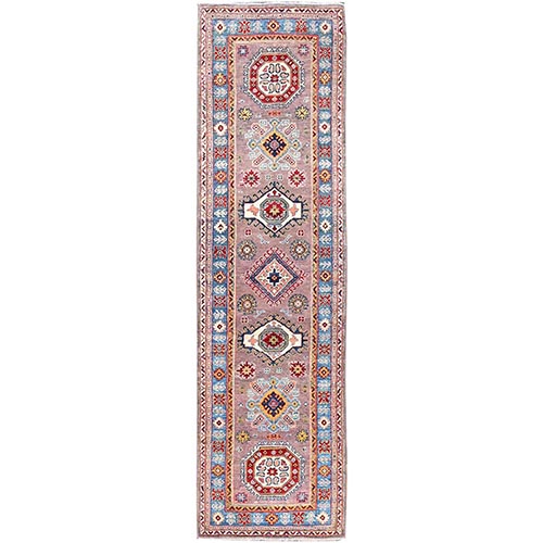 Dusty Gray and Lapis Blue, Extra Soft Wool Kazak With Geometric Design, Dense Weave and Vegetable Dyes, Runner Oriental Hand Knotted Rug 
