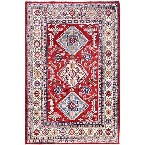 Goji Berry Red With Origami White Border, Densely Woven, Afghan Kazak, Hand Knotted Triple Medallions Vegetable Dyes 100% Wool, Oriental 