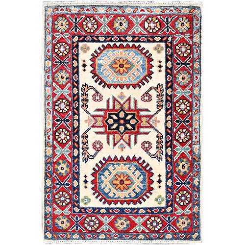 Tofu White, Hand Knotted, Afghan Kazak Large Motifs, Natural Dyes, Super Fine Wool and Weave, Mat Oriental 