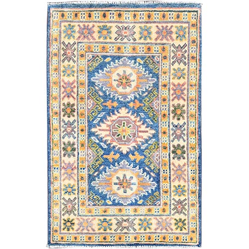 Coronet Blue with Ivory Border, Vegetable Dyes, Shiny Wool, Hand Knotted, Kazak with Geometric Medallions, Oriental Mat Dense Weave 