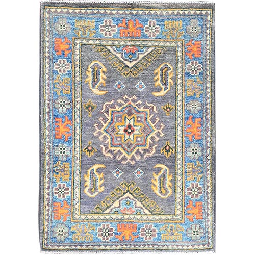 Steeple Gray, Vegetable Dyes, Densely Woven Hand Knotted, Extra Soft Pure Wool, Afghan Kazak Central Medallion Design, Mat Oriental Rug  