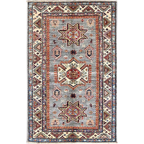 Sharkskin Gray, Vegetable Dyes, 100% Wool, Densely Woven Afghan Super Kazak with Geometric Elements, Hand Knotted, Oriental 