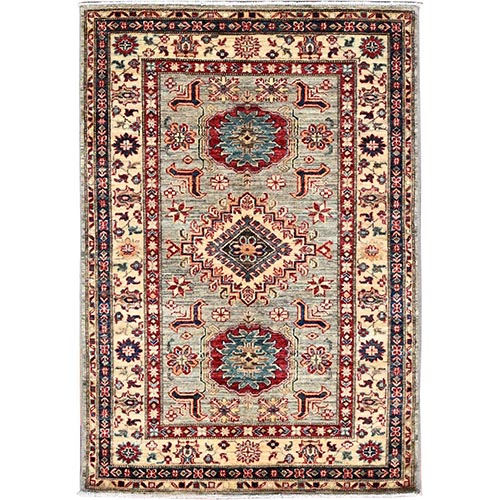 Feather Brown and Linen Ivory,  Vegetable Dyes, 100% Wool, Densely Woven Afghan Super Kazak with Geometric Elements, Hand Knotted, Oriental 