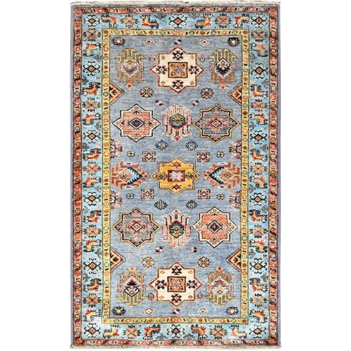Steeple Gray, Hand Knotted, Pure Wool, Vegetable Dyes,  Densely Woven Afghan Super Kazak with Geometric Elements, Oriental 