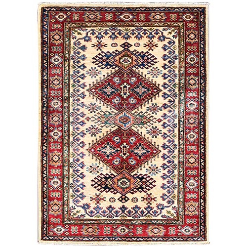 Cream, Afghan Super Kazak with Large Medallions, Natural Dyes, Dense Weave, Extra Soft Wool, Hand Knotted, Oriental Rug