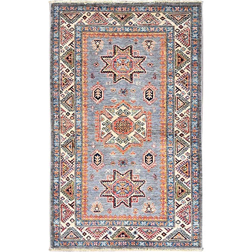 Ice Gray, Hand Knotted Super Kazak Geometric Design, Extra Soft Wool With Vegetable Dyes, Oriental Dense Weave Rug
