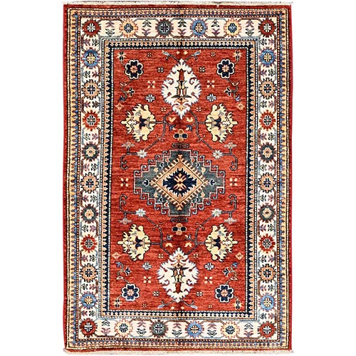 Valiant Poppy Red, Densely Woven Extra Soft Wool, Hand Knotted Afghan Super Kazak with Tribal Medallions, Natural Dyes, Oriental Rug