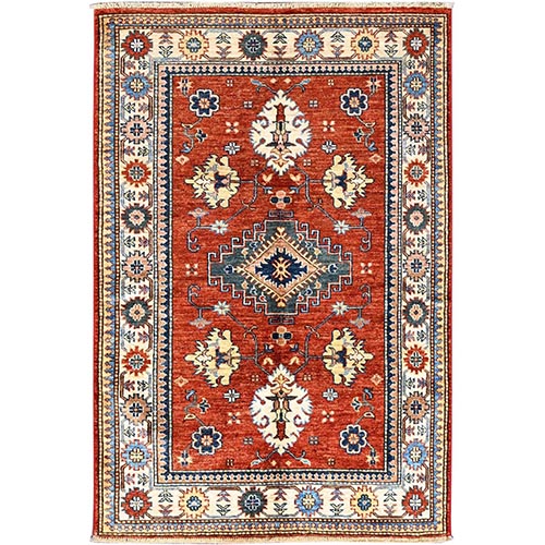 Salsa Red, Densely Woven Extra Soft Wool, Hand Knotted Afghan Super Kazak with Tribal Medallions, Natural Dyes, Oriental Rug