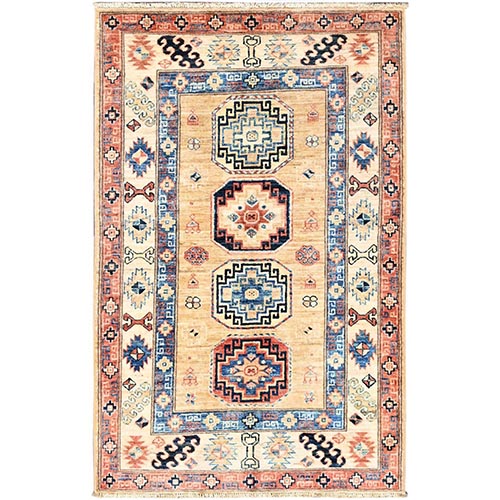 Soybean Beige, Natural Dyes, Hand Knotted, Densely Woven Extra Soft Wool,  Afghan Super Kazak with Tribal Medallions, Oriental 