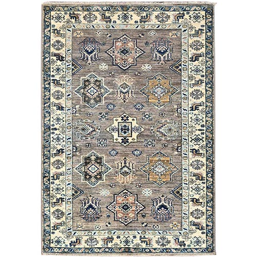 Cinereous Grey, All Over Motifs, Natural Dyes, Kazak Dense Weave and Tribal Medallion Design Extra Soft Wool Oriental Hand Knotted Rug