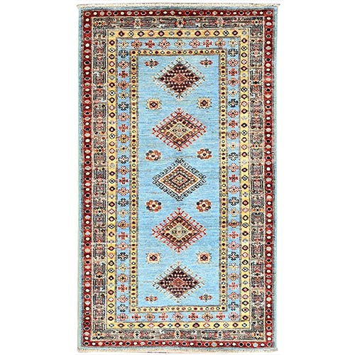 Afton Blue, Hand Knotted, Special Kazak All Over Design, Natural Dyes, Super Fine Wool and Weave, Oriental Rug
