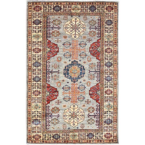 Dolphin Gray, Vegetable Dyes, 100% Wool, Densely Woven Afghan Super Kazak with Geometric Elements, Hand Knotted, Oriental Rug
