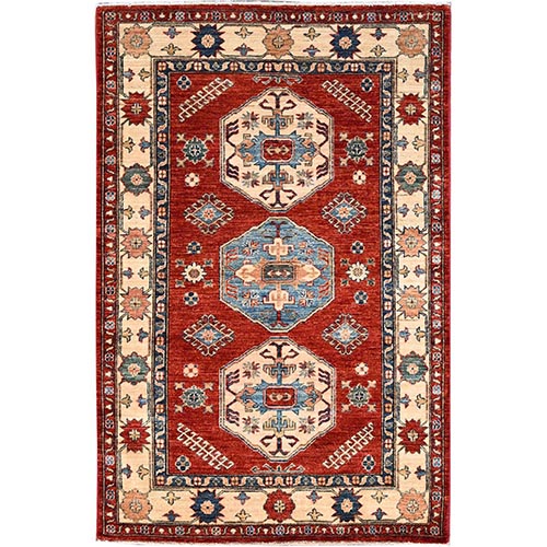 Crimson Red, Large Triple Medallion,  All Wool, Densely Woven, Natural Dyes, Kazak Tribal Design, Hand Knotted Oriental Rug