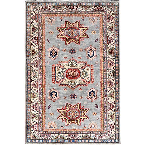 Battleship Gray, Hand Knotted Special Kazak with Tribal Medallions Pattern, Extra Soft Wool With Vegetable Dyes, Oriental Dense Weave Rug